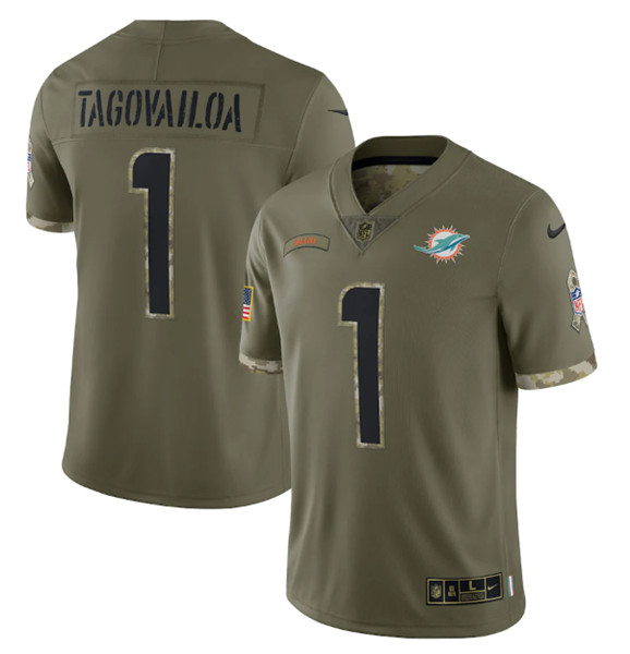 Men's Miami Dolphins #1 Tua Tagovailoa 2022 Olive Salute To Service Limited Stitched Jersey